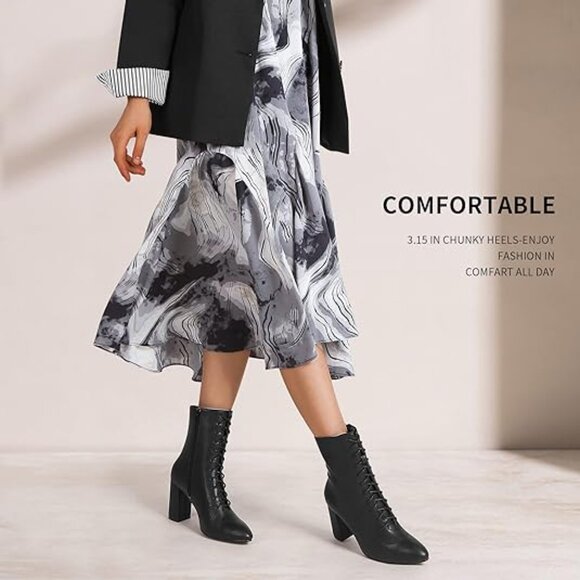 Ankle Boots Lace Up Side Zipper Block Heel Mid Calf High Heel Booties, 8.5 Black - Picture 5 of 5